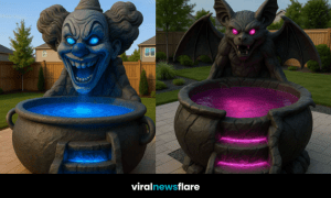 Collection of Halloween-inspired hot tubs including pumpkin, cauldron, skull, clown, and bat designs illuminated in vibrant colours.