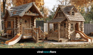 A charming wooden log cabin playhouse with slide and porch surrounded by autumn leaves.