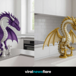 A collection of dragon-shaped kitchen taps in gold, green, purple, and blue designs displayed in modern kitchen settings.