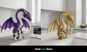 A collection of dragon-shaped kitchen taps in gold, green, purple, and blue designs displayed in modern kitchen settings.