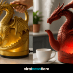 A collection of dragon-shaped kettles in green, red, gold, and purple, glowing with LED light on a modern kitchen countertop.