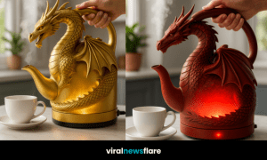 A collection of dragon-shaped kettles in green, red, gold, and purple, glowing with LED light on a modern kitchen countertop.