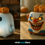A collection of Halloween-themed toasters, including haunted house, pumpkin, clown, and ghost designs, arranged on a kitchen countertop with autumn décor.