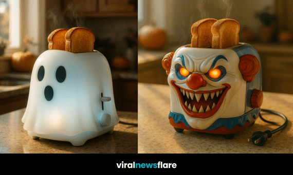 A collection of Halloween-themed toasters, including haunted house, pumpkin, clown, and ghost designs, arranged on a kitchen countertop with autumn décor.