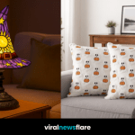 A warm, inviting living room featuring Halloween décor — including a witch-hat lamp, ghost lamp, and pumpkin cushions.