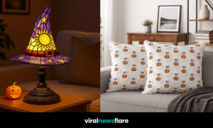 A warm, inviting living room featuring Halloween décor — including a witch-hat lamp, ghost lamp, and pumpkin cushions.