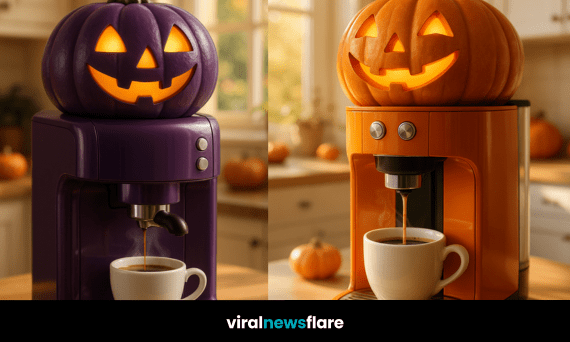 A glowing pumpkin coffee machine brewing coffee in a cosy kitchen setting with autumn light.