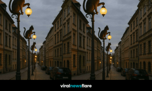 Twin view of a cobbled European street lined with glowing cat-shaped street lamps at dusk, featured by Viral News Flare.