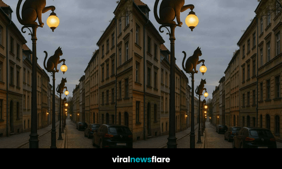 Twin view of a cobbled European street lined with glowing cat-shaped street lamps at dusk, featured by Viral News Flare.