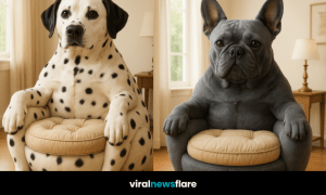 Collection of realistic dog-shaped armchairs including Labrador, Dalmatian, and French Bulldog designs in a bright home interior
