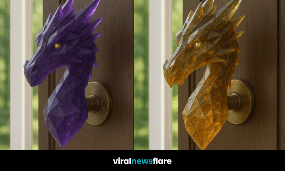 Set of crystal dragon-shaped door handles in amber, ruby, emerald, and amethyst mounted on wooden doors.