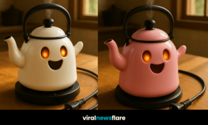 Four colourful ghost-shaped kettles glowing with orange light on a wooden table.