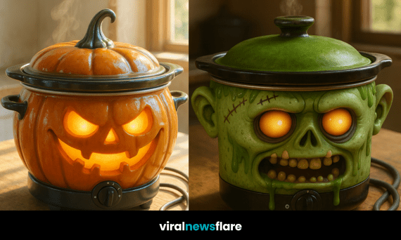 A collection of Halloween-themed slow cookers including pumpkin, ghost, zombie, and clown designs glowing on a wooden counter.