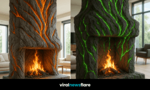 A modern living room featuring a lava-inspired fireplace with glowing orange veins and realistic rock textures.