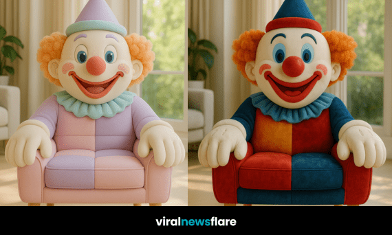 A vibrant clown-shaped novelty chair with oversized hands and a smiling face, designed as playful statement furniture.