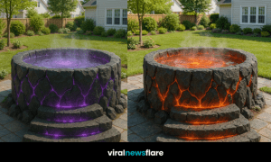 Photorealistic lava-inspired hot tub with glowing cracks in a modern garden under natural daylight