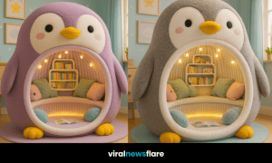Collection of colourful penguin-shaped reading pods for children’s bedrooms featuring built-in bookshelves and soft lighting