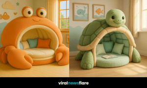 A collection of ocean-themed animal reading pods including turtle, crab, shark, and fish designs in bright, cosy rooms.