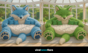 Collection of colourful fox-shaped sofas showcasing blue, green, orange, and purple designs