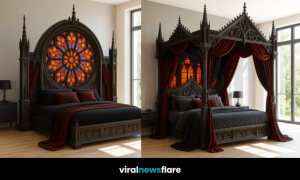 Collection of Gothic Revival beds featuring ornate carvings, stained-glass details, and luxurious red and black fabrics.