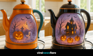 A selection of Halloween-themed kettles decorated with pumpkins, haunted houses, ghosts, and bats, displayed in a bright kitchen.