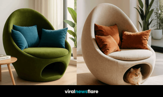 Modern green pod chair with teal cushions beside window, cat-friendly seating design
