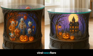 Halloween coffee table with haunted house, glowing pumpkins, and eerie moonlit graveyard.