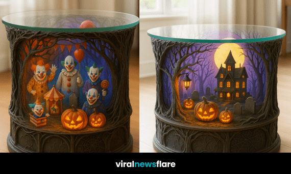 Halloween coffee table with haunted house, glowing pumpkins, and eerie moonlit graveyard.