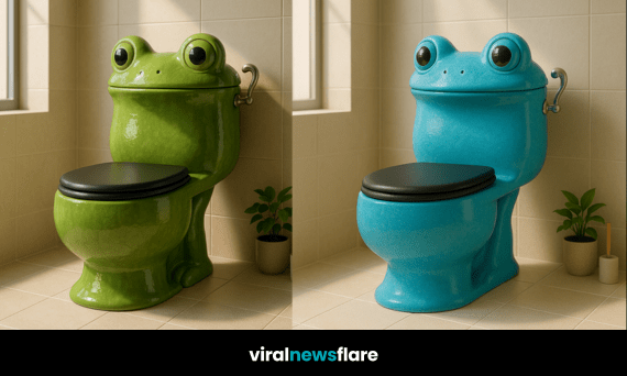 Colourful frog-shaped toilet in modern bathroom with natural light and plant décor