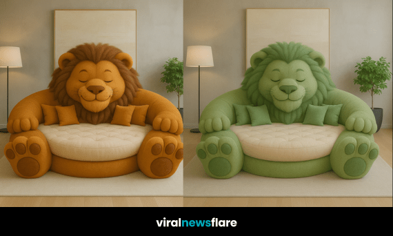 A collection of colourful lion-shaped sofas in green, yellow, blue, and brown, representing a playful 2025 furniture trend.