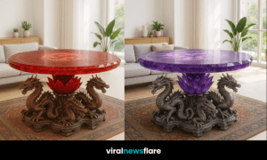 Collection of luxury dragon tables in red, green, purple, and grey displayed in a bright modern home interior