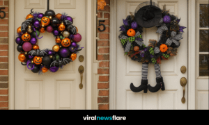 Collection of colourful Halloween wreaths displayed on a white front door, featuring pumpkins, bats, and festive lights.
