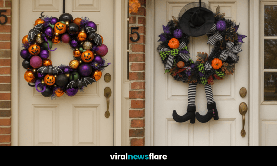 Collection of colourful Halloween wreaths displayed on a white front door, featuring pumpkins, bats, and festive lights.