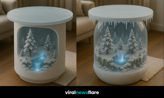 Collection of Frozen Forest Tables showcasing intricate miniature snowy forest scenes illuminated beneath frosted glass tabletops.