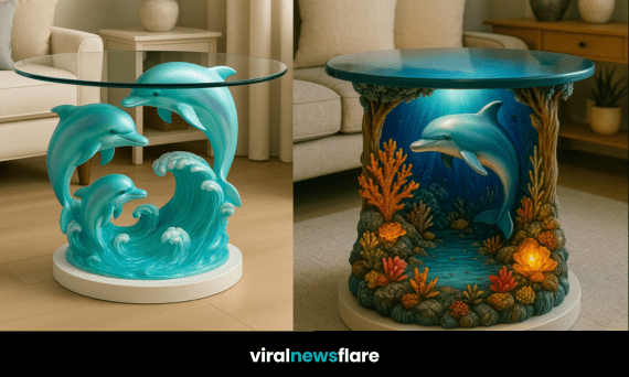 Collection of luxury dolphin-themed tables featuring glass tops, coral reef bases, and oceanic sculptural designs in modern interiors.