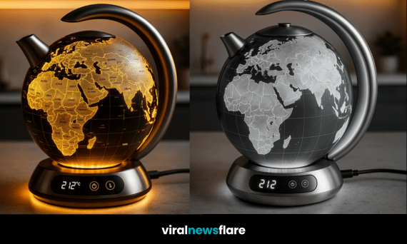Collection of globe-inspired kettles with LED illumination in silver, amber, green, and violet tones on modern countertops.