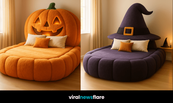 Collection of Halloween-inspired beds including witch hat, haunted house, ghost, and pumpkin designs in cosy modern bedrooms