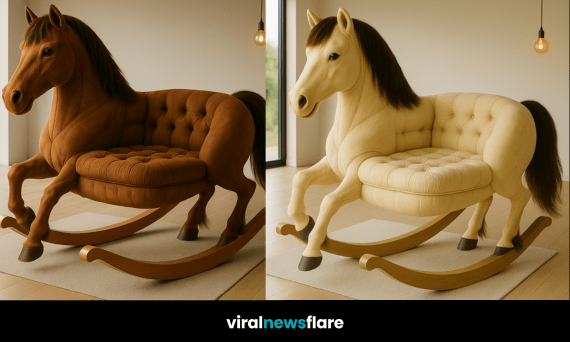 A collection of horse-shaped rocking sofas in beige, black, brown, and pink displayed in a modern living space.