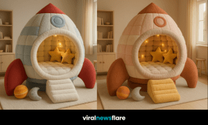 A collection of colourful rocket ship beds with glowing lights, showcasing creative bedroom design ideas.