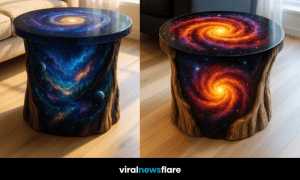 Modern wooden coffee table featuring a glowing spiral galaxy design on top
