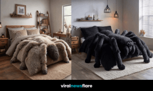 Collection of spider-shaped faux-fur beds in different colours and bedroom styles