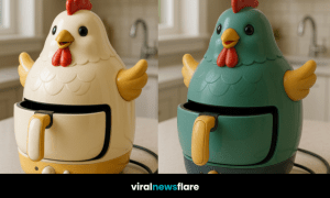 A collection of colourful chicken-shaped air fryers displayed on a kitchen counter.