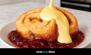 A close-up of a traditional British jam roly poly dessert served with raspberry jam and creamy custard on a white plate.