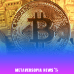Close-up of a Bitcoin coin with digital circuitry background and Metaversopia News banner representing cryptocurrency updates.