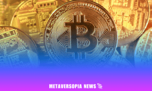 Close-up of a Bitcoin coin with digital circuitry background and Metaversopia News banner representing cryptocurrency updates.