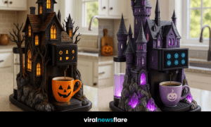 A collection of fantasy-themed castle coffee machines in various colours and styles on kitchen counters.