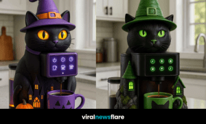 Collection of cat-shaped coffee machines in glowing blue, green, orange, and purple designs.