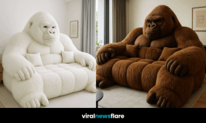 Collection of oversized gorilla-shaped sofas in brown, black, white, and golden tones showcasing the 2025 interior design trend.