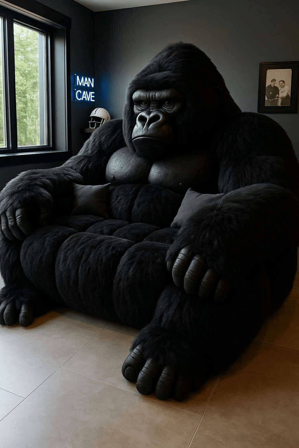 Oversized black gorilla sofa with soft faux fur, creating a dramatic focal point in a man cave.