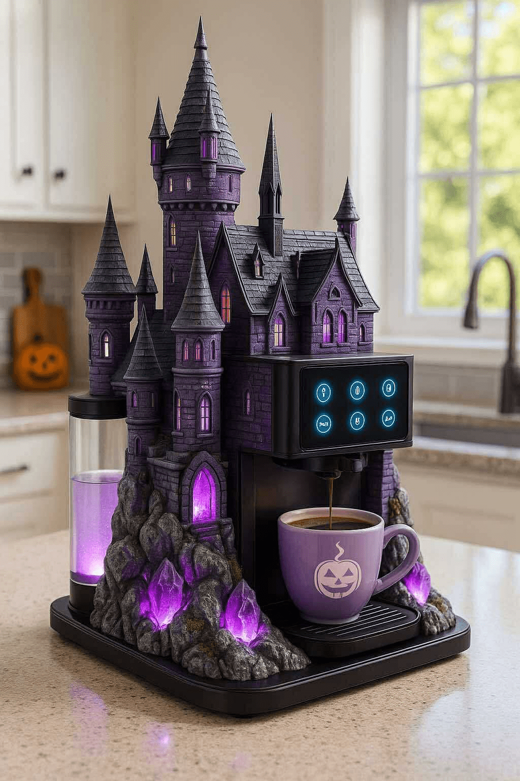 A purple castle-shaped coffee machine glowing with violet lights and a pumpkin mug beneath the spout.